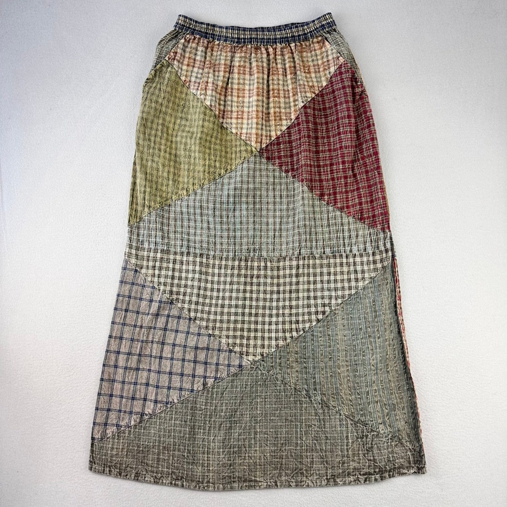 Vintage Sacred Threads Patchwork Maxi Skirt Womens M Pockets Boho Plaid Cotton
